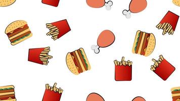 Seamless endless pattern of different delicious hearty hot fries, hamburgers, fast food chicken legs on a white background. Texture vector