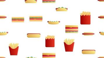 Seamless endless pattern of different delicious hearty hot hot dogs, sandwiches, fast food fries on a white background. Texture vector