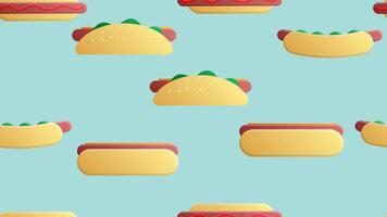 Seamless endless pattern of assorted delicious satisfying hot hot dogs, fast food on a blue background. Texture vector