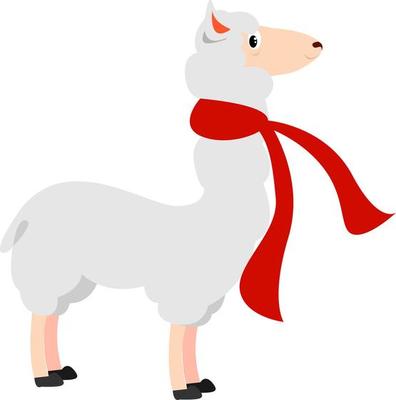 Lama with red scarf, illustration, vector on white background.