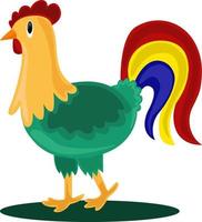 Rooster with colorful tail, illustration, vector on white background.