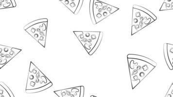 rebanada de pizza en masa fina, fondo blanco, ilustración vectorial, patrón. pizza rellena de carne, queso. diseño y decoración de la cocina. patrón blanco y negro en estilo de dibujo a lápiz vector