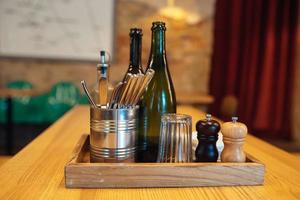 Items on the table in a street cafe. beautiful view photo