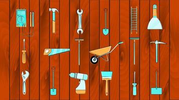 A large set of icons of construction, plumbing, garden, repair, tools on a wooden background shovel, saw, hammer, brush, mop, rake, trolley, trowel, screwdriver, pickaxe, ladder on. Vector