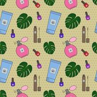 Vector seamless pattern of cosmetics.Creams,lipstick, nail polish, face masks. Cosmetics store, beauty salon, postcard design,prints made of wrapping paper and packaging.Sketch a fashionable banner