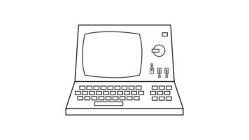 Old retro vintage hipster computer, computer with monitor and keyboard from 70s, 80s, 90s. Black and white icon. Vector illustration