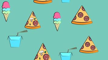 Seamless endless pattern of different delicious hearty hot pizzas, noodles, ice cream fast food on a green background. Texture vector