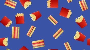 Seamless endless pattern of different delicious hearty hot sandwiches, fast food fries on a blue background. Texture vector