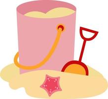 Pink bucket in sand, illustration, vector on white background.