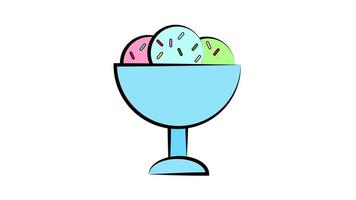 black and white ice cream in a bowl on a white background, vector illustration. ice cream balls of different colors, a plate on a high leg in blue. appetizing and sweet milk dessert