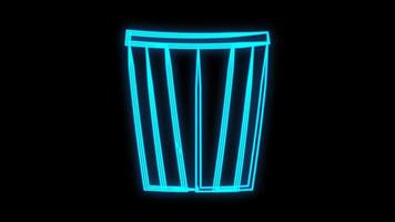 Glowing neon line Popcorn in cardboard box icon isolated on brick wall background. Popcorn bucket box. Vector