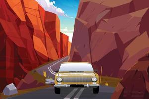 yellow car with background under the cliff and under the sky vector