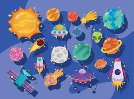 space galaxy astronomy in cartoon set icons include sun planet alien ufo rocket moon vector