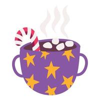 feliz navidad, taza de chocolate con decoración de malvavisco e icono de celebración vector