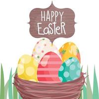 happy easter whisker basket with eggs on grass vector