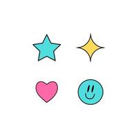 Y2k groovy elements. Smile, stars, heart isolated on white background. 2000 vibes collection. 2000s cartoon hand drawn vector illustration.