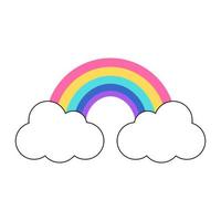 Y2k groovy element. Colorful rainbow with clouds isolated on white background. 2000 vibes collection. 2000s cartoon hand drawn vector illustration.