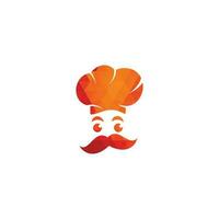 diseño de logotipo de vector de maestro chef. jefe de cocina con bigote y logotipo vectorial de barba. cabeza de chef con cuchara y tenedor