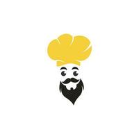 diseño de logotipo de vector de maestro chef. jefe de cocina con bigote y logotipo vectorial de barba. cabeza de chef con cuchara y tenedor