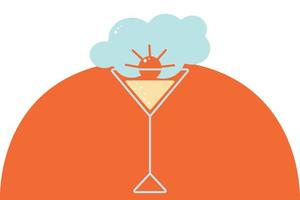 Stylized image of a glass with an abstract cloud and sun on an orange circle background. Isolate vector
