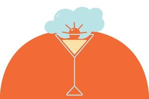 Stylized image of a glass with an abstract cloud and sun on an orange circle background. Isolate vector