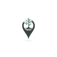 Tree Roots map pin shape concept vector logo design. Vector tree with roots logo element.