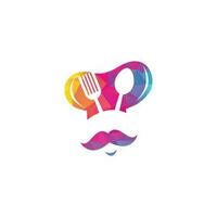 diseño de logotipo de vector de maestro chef. jefe de cocina con bigote y logotipo vectorial de barba. cabeza de chef con cuchara y tenedor