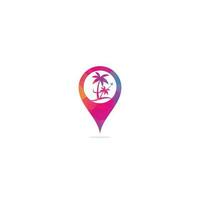 diseño de icono de logotipo de concepto de forma de pin de mapa de viaje de playa. plantilla de logotipo de viaje. palmera con vector de plantilla de logotipo de ola oceánica.