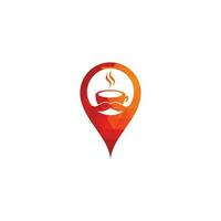 Coffee shop map pin shape concept logo vector illustration. Coffee shop logo emblem vector. Mr coffee shop logo.