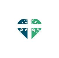 diseño de logotipo de concepto de forma de corazón de iglesia cruzada. diseño de vector de icono de símbolo de cruz religiosa de árbol abstracto. logotipo de la iglesia y la organización cristiana.
