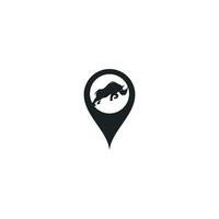 diseño de logotipo de puntero de rinoceronte y mapa. icono de rinoceronte y gps. moderno, ira. vector