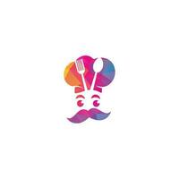 diseño de logotipo de vector de maestro chef. jefe de cocina con bigote y logotipo vectorial de barba. cabeza de chef con cuchara y tenedor