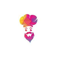 diseño de logotipo de vector de maestro chef. jefe de cocina con bigote y logotipo vectorial de barba. cabeza de chef con cuchara y tenedor