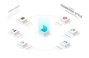 Isometric Infographic template for business. 6 Steps Modern Mindmap diagram in Technology concept, corporate isometric presentation vector infographic.