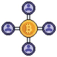 Pixel art network of people connected to bitcoin, diagram of bitcoin and people vector icon for 8bit game on white background