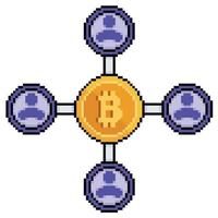 Pixel art network of people connected to bitcoin, diagram of bitcoin and people vector icon for 8bit game on white background