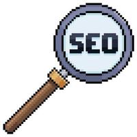 Pixel art magnifying glass with the word SEO, search engine optimization vector icon for 8bit game on white background