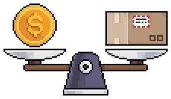 Pixel art scales with coin and parcel, money and order comparison vector icon for 8bit game on white background