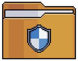 Pixel art folder with shield, secure files, document security vector icon for 8bit game on white background