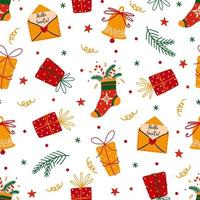 Christmas seamless vector pattern. New Year symbols - jingle bell, holiday sock, letter to Santa, gifts, tree branch. Flat cartoon background for wallpaper, textile, packaging. Simple bright doodles