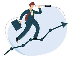 businessman using telescope standing on graphic table. flat design vector