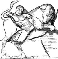 heracles, hércules con el toro, ilustración vintage vector