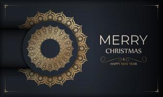 Greeting Brochure Template Merry Christmas and Happy New Year in dark blue with vintage gold pattern vector