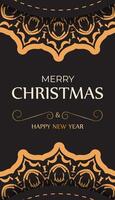 Postcard Happy New Year and Merry Christmas in black color with winter pattern. vector