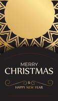 Postcard Merry Christmas and Happy New Year in black color with gold ornaments. vector