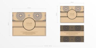 Vector invitation card with place for your text and abstract patterns. Ready-to-print design of a postcard in Beige color with mandala patterns.