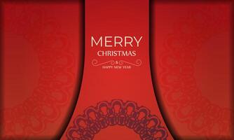 Postcard Template Merry Christmas Red Color with Winter Burgundy Pattern vector