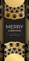 Postcard template Happy New Year and Merry Christmas in black color with gold pattern. vector