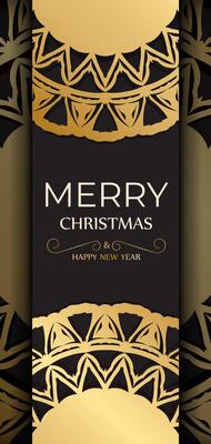Postcard template Happy New Year and Merry Christmas in black color with gold pattern.