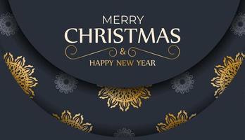 Brochure merry christmas dark blue with winter gold ornament vector